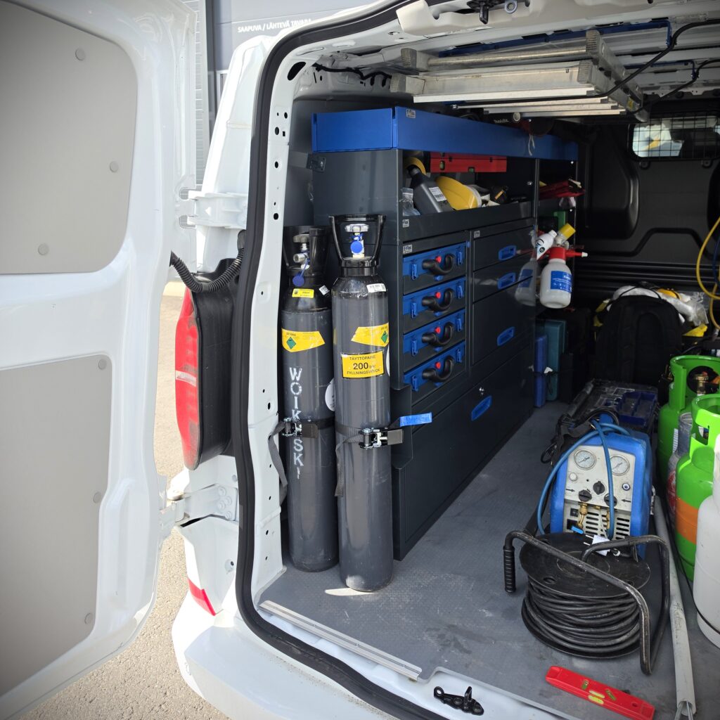 Kaasupulloteline kahdelle pullolle Volkswagen Transporter T7 pakettiautossa