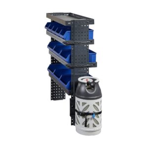 E-Flex kaasupulloteline pakettiautoon 1 pullolle nestekaasupullolla asennettuna hyllyn päätyyn