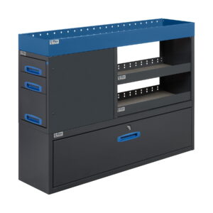 127 cm päädystä aukeava hyllykkö / laatikosto avohyllyillä