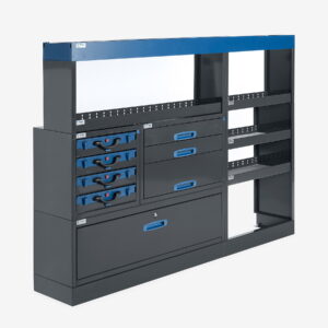 205 cm pakettiauton hyllykkö / laatikosto salkuilla korkeus 144 cm