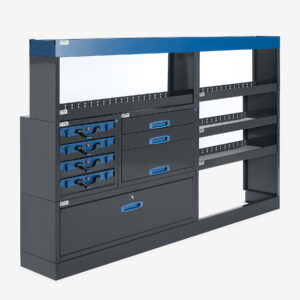 230 cm pakettiauton hyllykkö / laatikosto salkuilla korkeus 144 cm