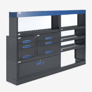 230 cm pakettiauton hyllykkö / laatikosto vetolaatikoilla korkeus 144 cm