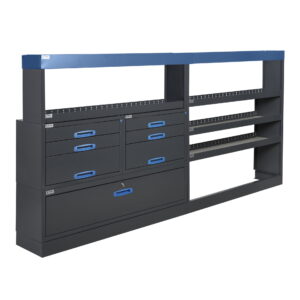 304 cm pakettiauton hyllykkö / laatikosto vetolaatikoilla korkeus 144 cm