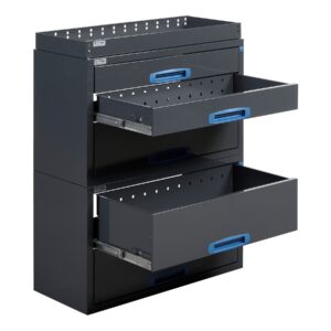 76 cm vetolaatikosto ylähyllyllä pakettiautoon vetolaatikot avattuina