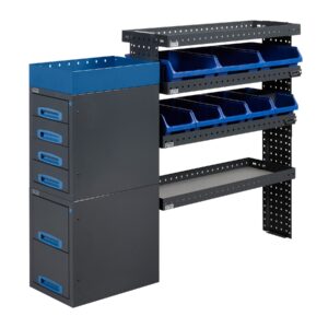 150 cm päädystä aukeava pakettiauton hyllykkö ja laatikosto ottolaatikoilla korkeus 120 cm