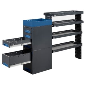 150 cm päädystä aukeava pakettiauton hyllykkö ja laatikosto vetolaatikot avattuna korkeus 120 cm