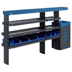 244 cm pakettiauton hyllykkö ja laatikosto korkeus 120 cm ottolaatikoilla pitkälle sivuseinälle