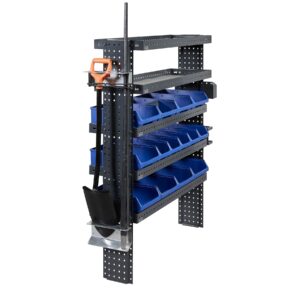 Lapio ja rautakankiteline pakettiauton hyllyn päädyssä sinkitty kaksiosainen teline