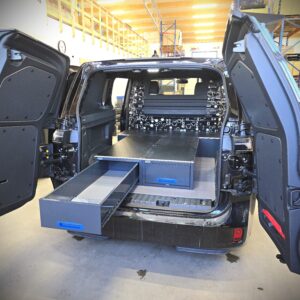 Volkswagen ID Buzz Cargo pakettiauto tuplalattiaratkaisulla ja integroiduilla vetolaatikoilla huoltoautokäytössä